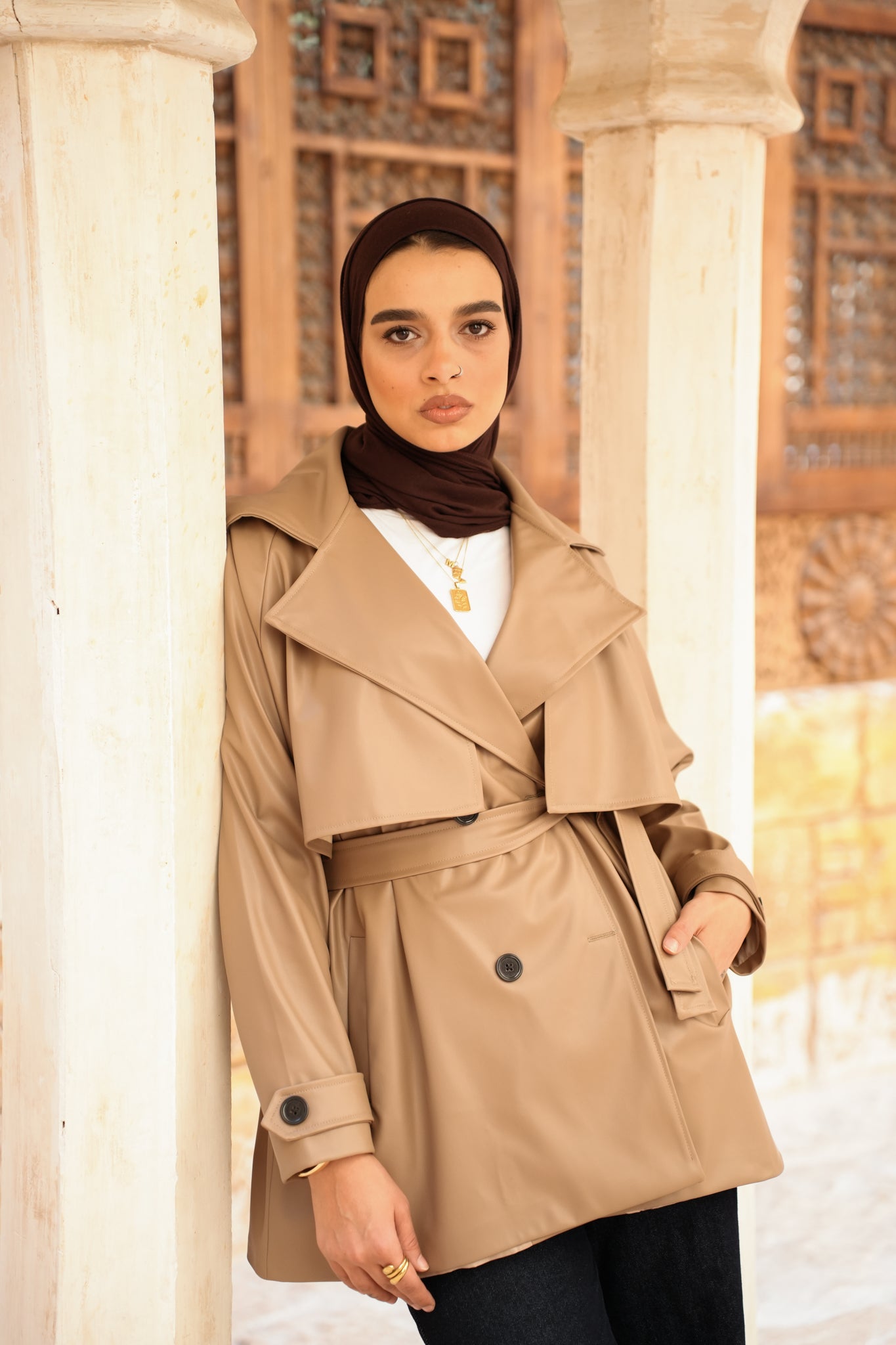 Leather Trench Jacket - Cafee