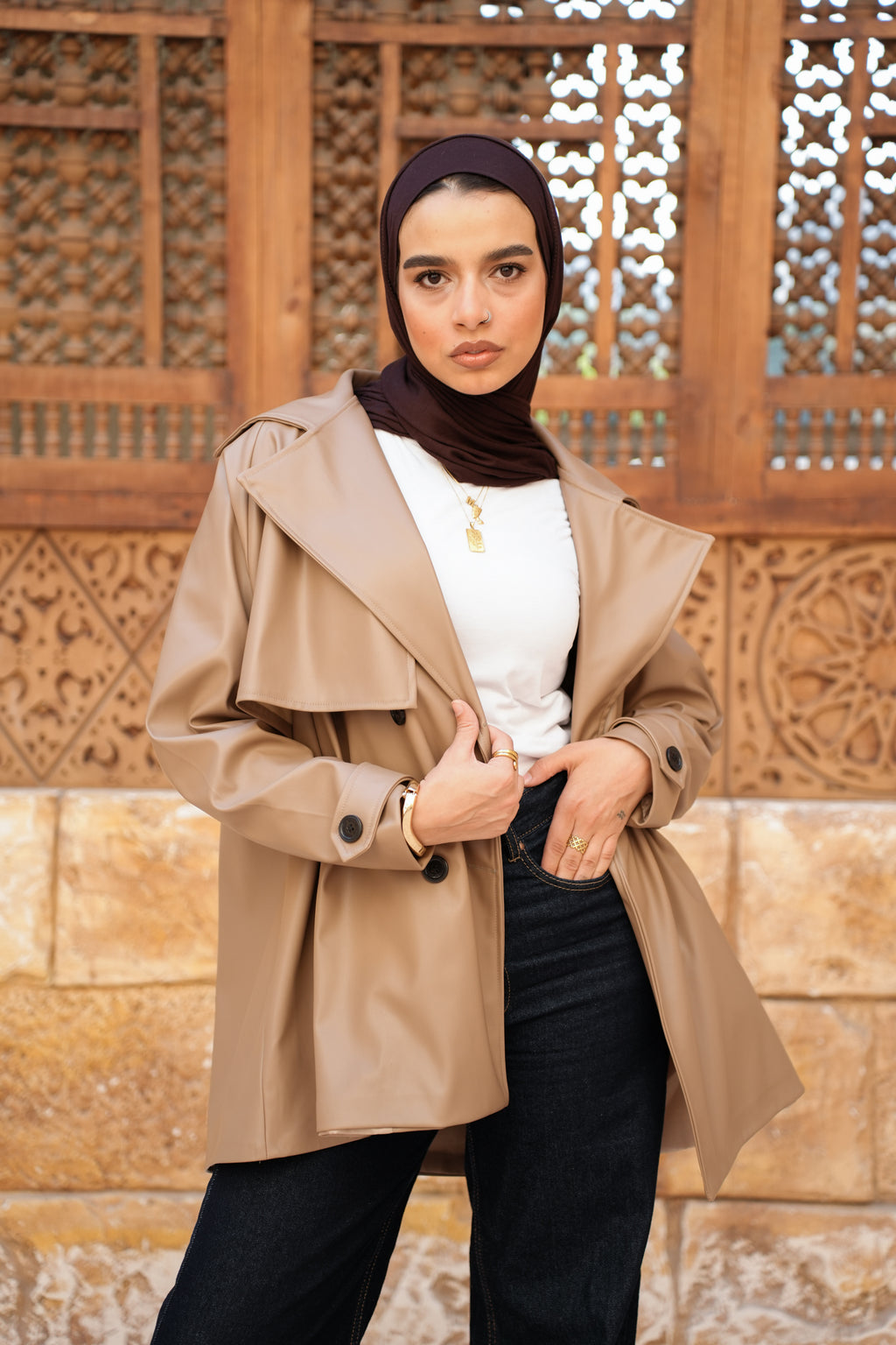 Leather Trench Jacket - Cafee