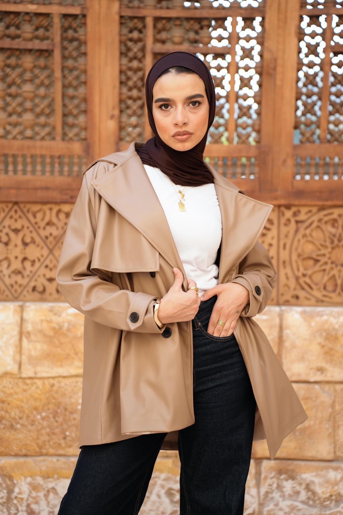 Leather Trench Jacket - Cafee