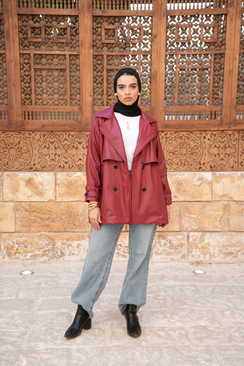 Leather Trench Jacket - Burgundy