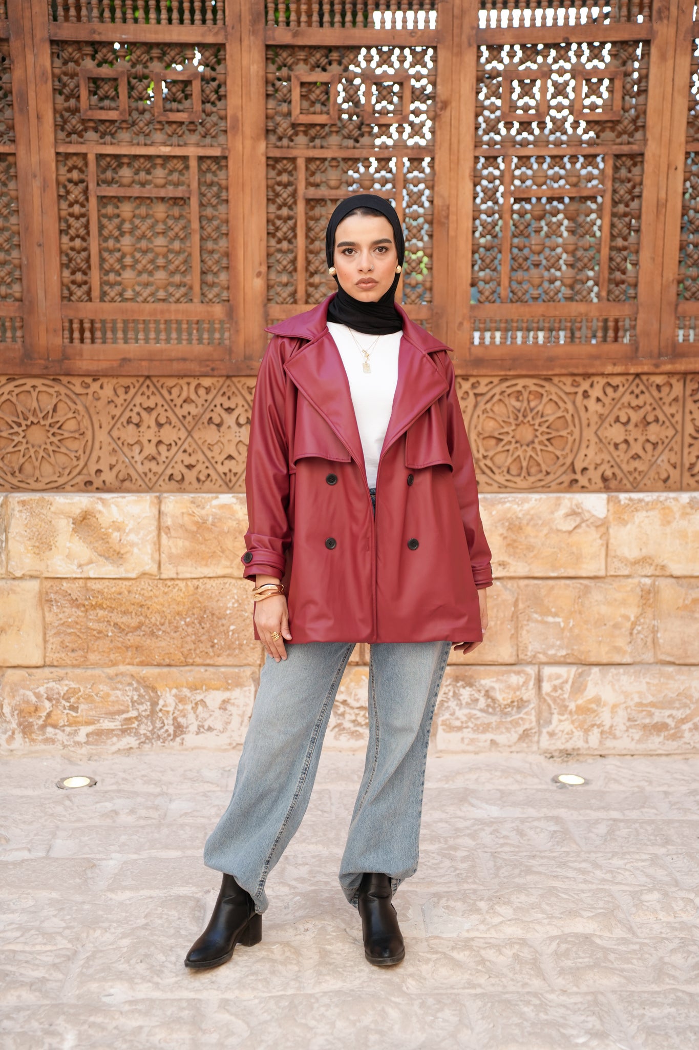 Leather Trench Jacket - Burgundy