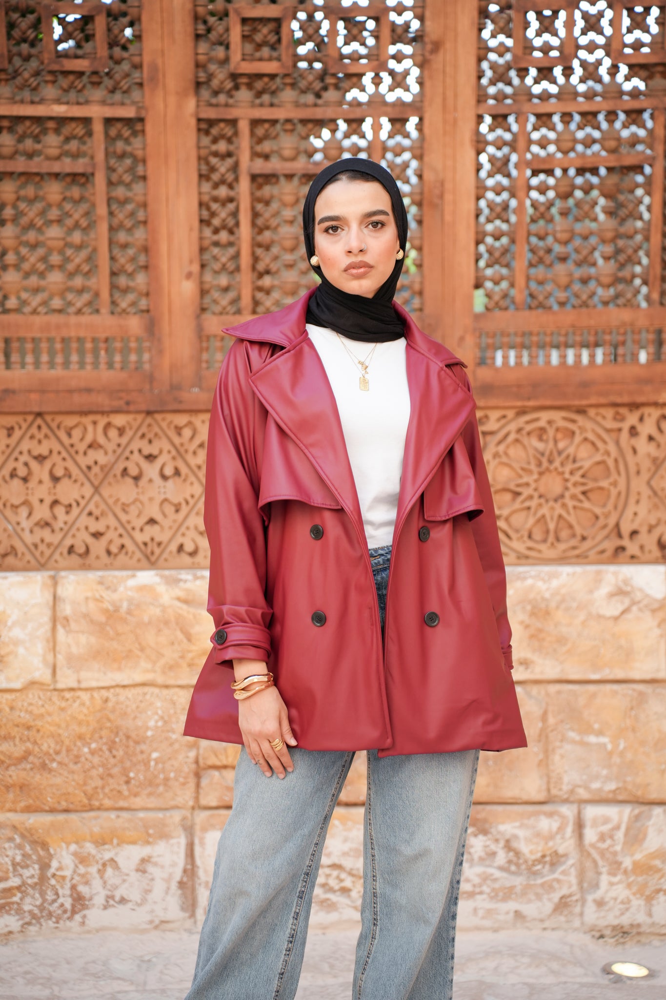 Leather Trench Jacket - Burgundy