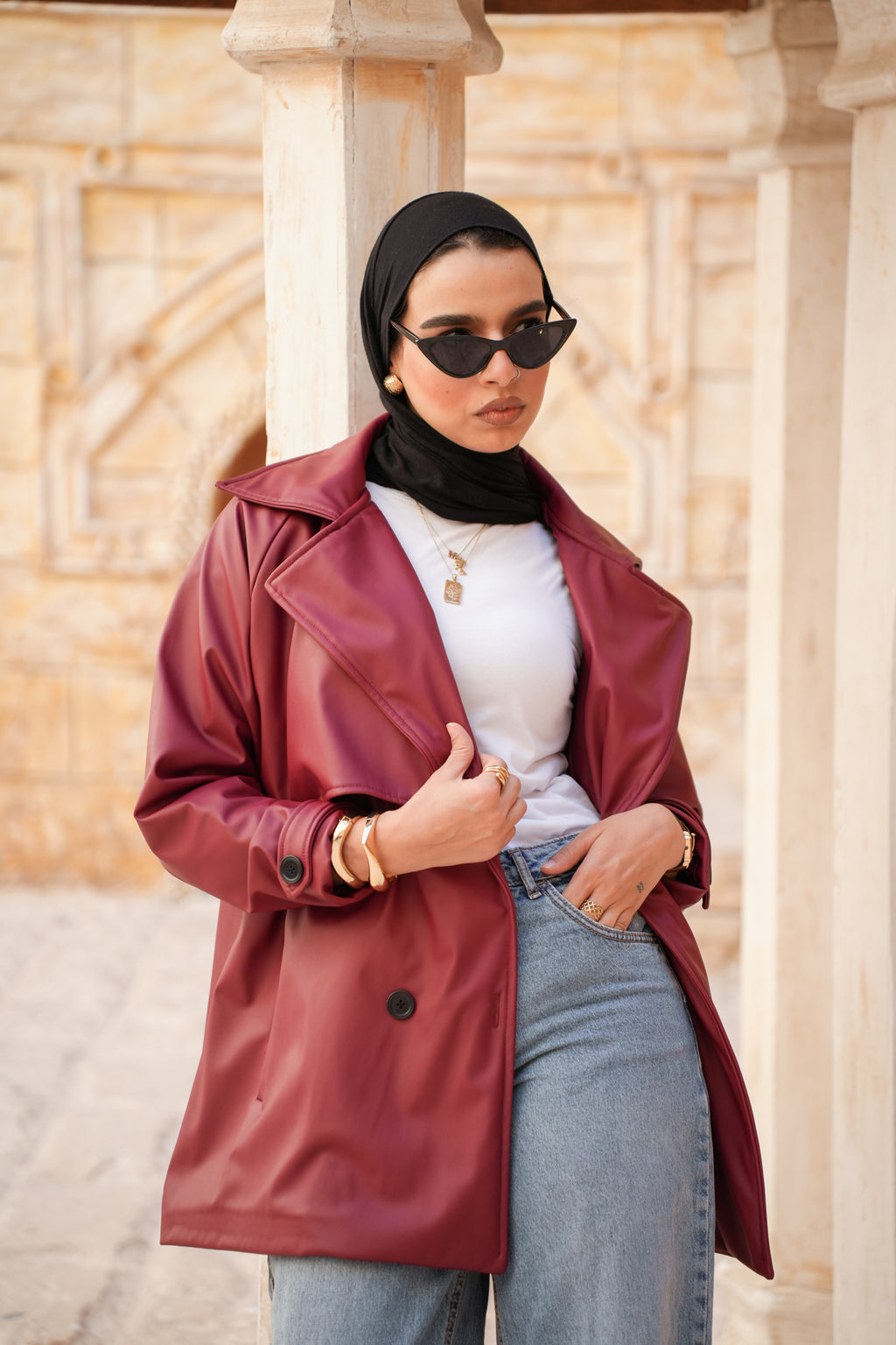 Leather Trench Jacket - Burgundy
