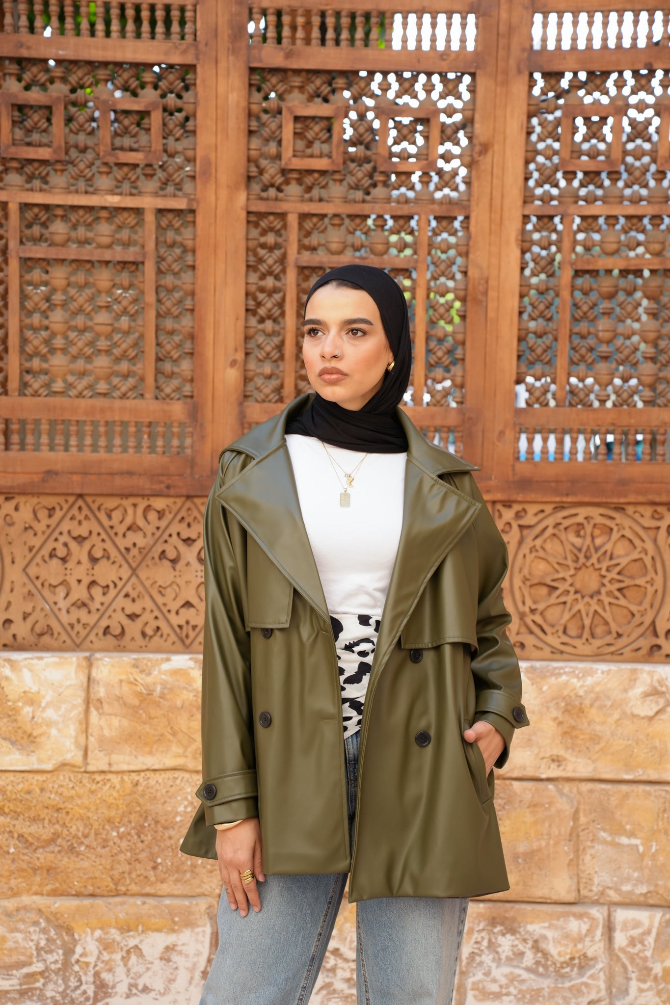 Leather Trench Jacket - Olive