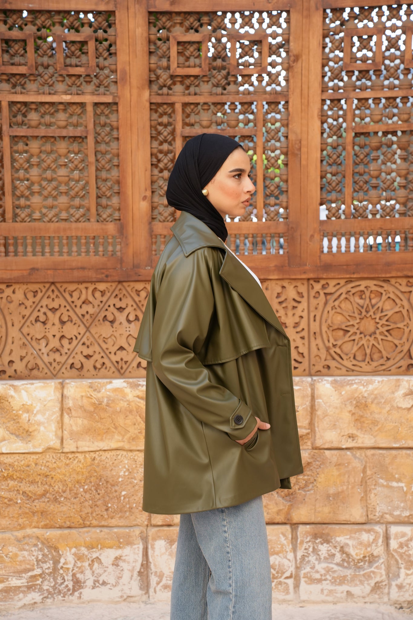Leather Trench Jacket - Olive