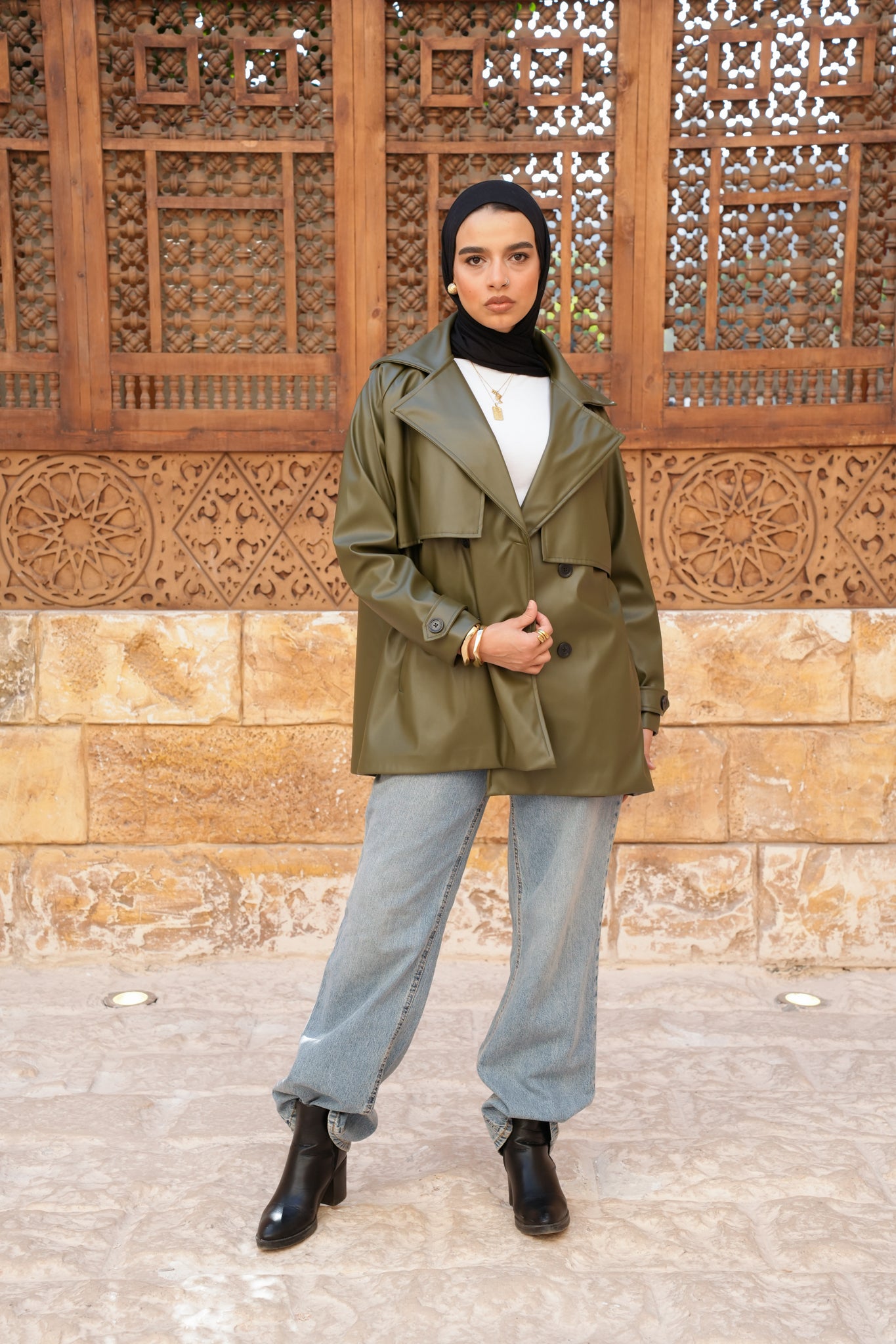 Leather Trench Jacket - Olive